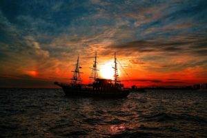 sea, Sailing ship, Sunset, Clouds, Silhouette, Greece, Thessaloniki