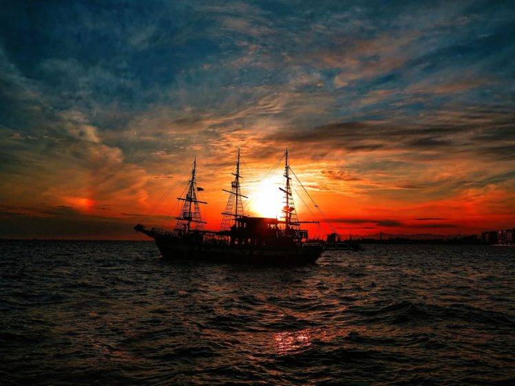 sea, Sailing ship, Sunset, Clouds, Silhouette, Greece, Thessaloniki HD Wallpaper Desktop Background