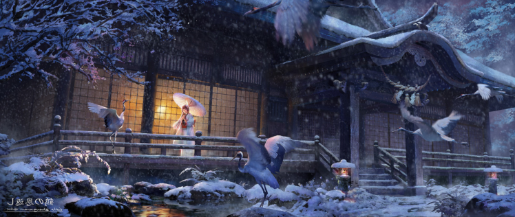 ultra wide, Japan, Anime girls, Birds, Animals HD Wallpaper Desktop Background