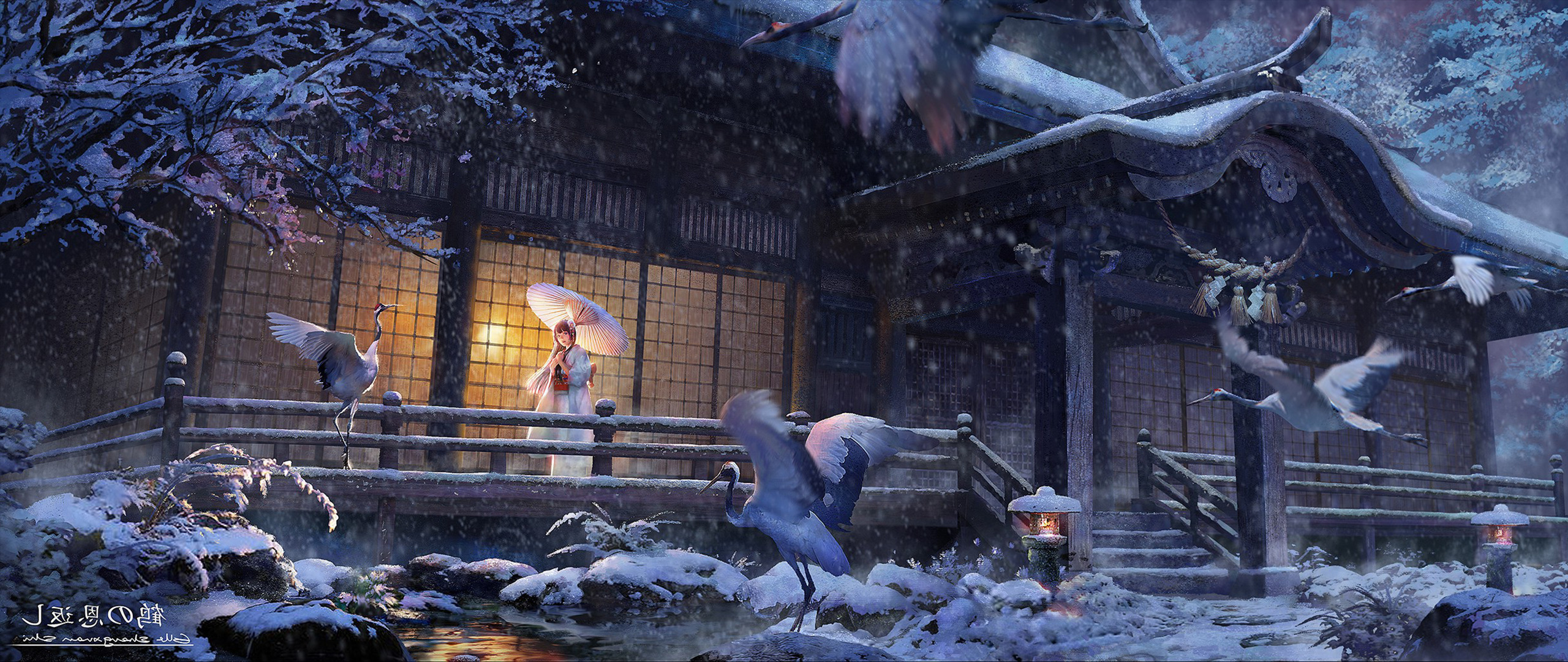 ultra wide, Japan, Anime girls, Birds, Animals Wallpaper