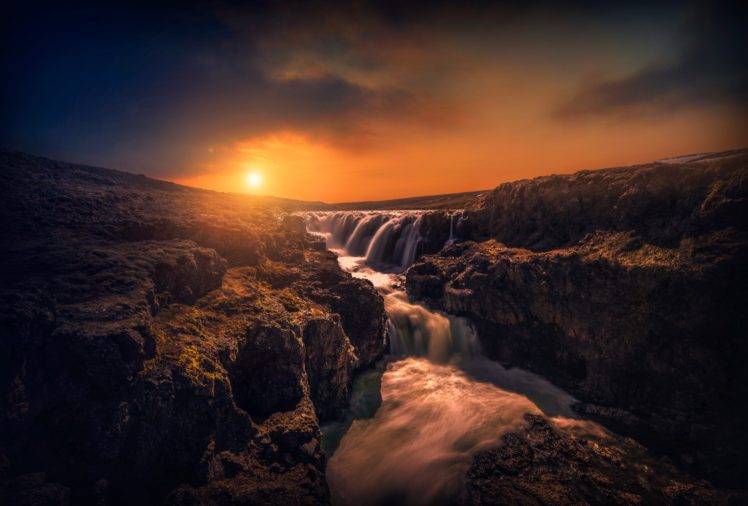 waterfall, Sun rays, Nature, Landscape, Sunlight HD Wallpaper Desktop Background