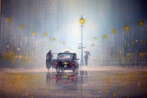 car, Rain, Taxi, England, Painting, Mini Cooper