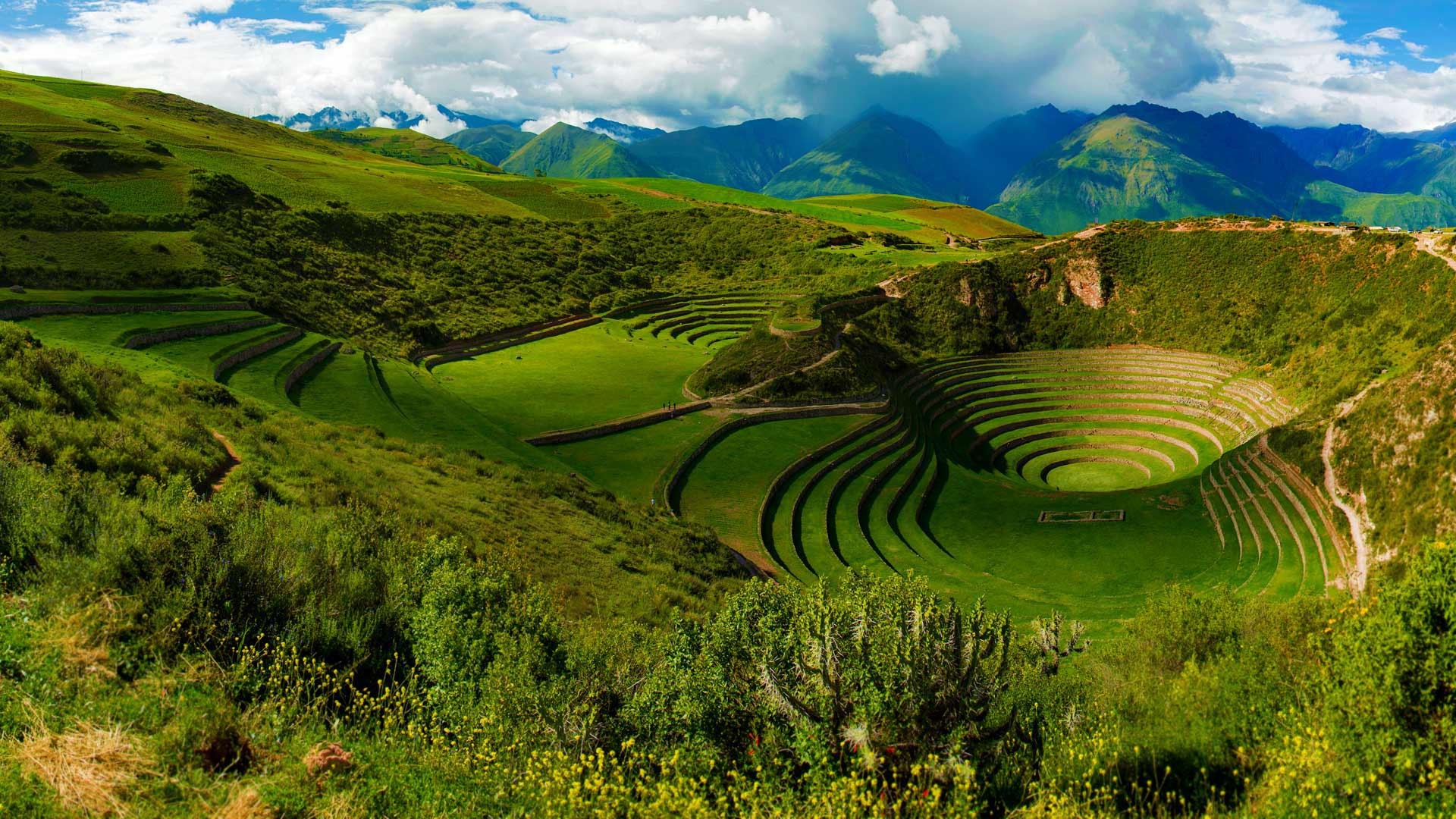 nature, Landscape, Trees, Forest, Peru, Terraces, Mountains, Hills, Grass, Ancient, Inca, Ruins, Valley, Plants, Clouds Wallpaper