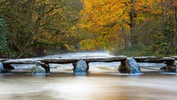 nature, Landscape, Trees, Forest, Bridge, Tarr Steps, England, UK, Stream, Water, Fall, Long exposure, River, Stones, Branch HD Wallpaper Desktop Background