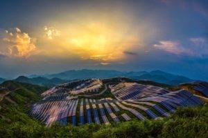 nature, Landscape, Trees, Forest, China, Solar power, Power plant, Panels, Mountains, Hills, Sun, Clouds, Sun rays, Road