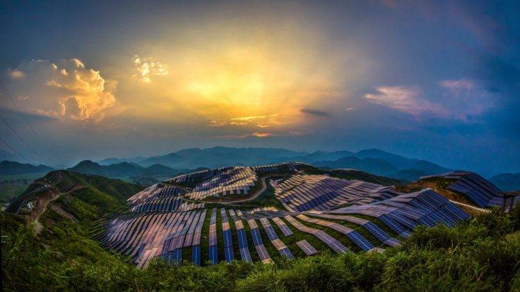 nature, Landscape, Trees, Forest, China, Solar power, Power plant, Panels, Mountains, Hills, Sun, Clouds, Sun rays, Road HD Wallpaper Desktop Background