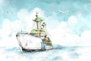 painting, Watercolor, Artwork, Warm colors, Fantasy art, Ship, Birds, Sea, Clouds