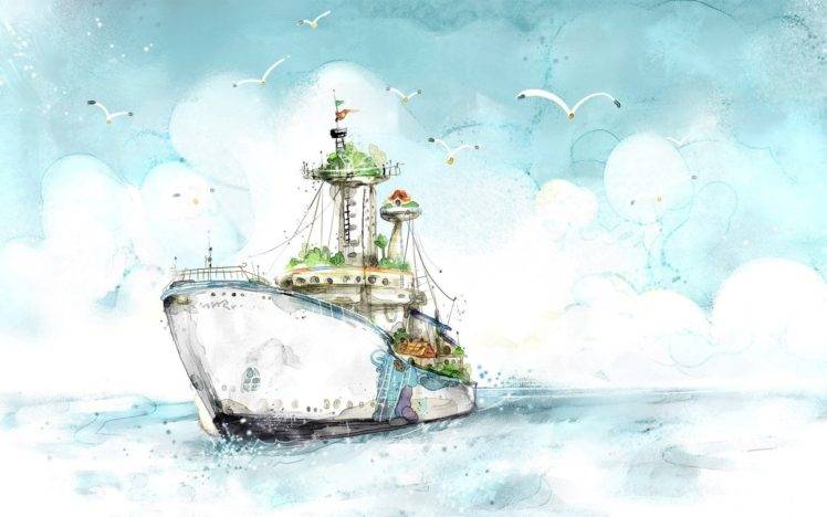 painting, Watercolor, Artwork, Warm colors, Fantasy art, Ship, Birds, Sea, Clouds HD Wallpaper Desktop Background