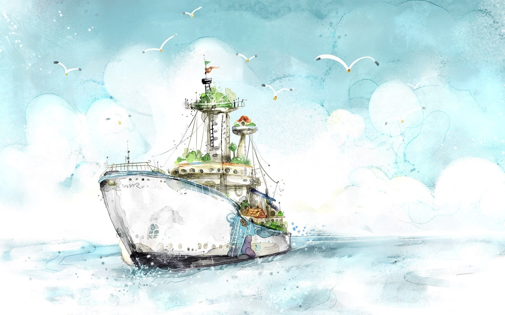 painting, Watercolor, Artwork, Warm colors, Fantasy art, Ship, Birds, Sea, Clouds Wallpaper