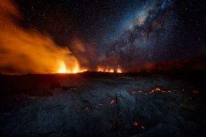 landscape, Volcano, Eruption, Sky, Lava, Island, Smoke, Night, Stars, Rocks, Fire