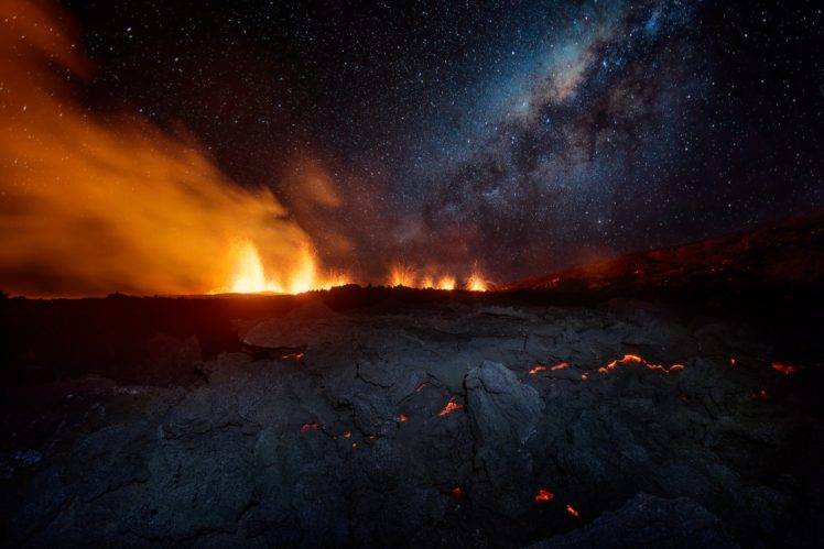 landscape, Volcano, Eruption, Sky, Lava, Island, Smoke, Night, Stars, Rocks, Fire HD Wallpaper Desktop Background