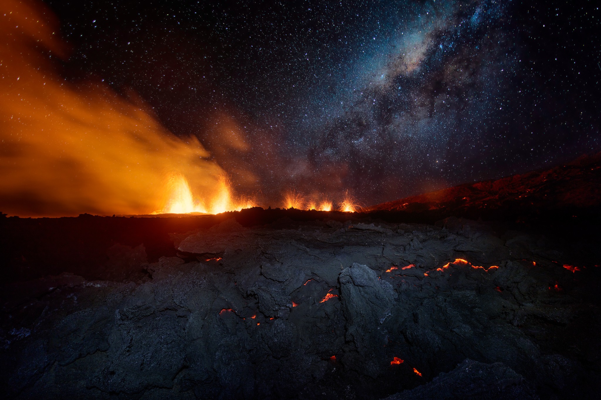 landscape, Volcano, Eruption, Sky, Lava, Island, Smoke, Night, Stars, Rocks, Fire Wallpaper