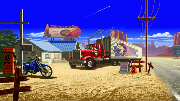 digital art, Pixel art, Pixelated, Pixels, Nature, Landscape, Truck, Motorcycle, Road, Mountians, House, Gas stations HD Wallpaper Desktop Background