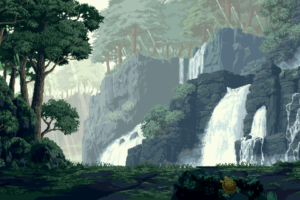 digital art, Pixel art, Pixelated, Pixels, Nature, Landscape, Waterfall, Trees, Rock, Turtle, Forest