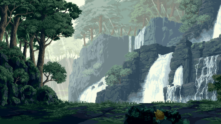 digital art, Pixel art, Pixelated, Pixels, Nature, Landscape, Waterfall, Trees, Rock, Turtle, Forest HD Wallpaper Desktop Background
