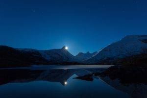 nature, Landscape, Clear sky, Night, Snow, Winter, Hills, Lake, Moon, Moonlight, Stairs, Ice, Reflection, Mountains