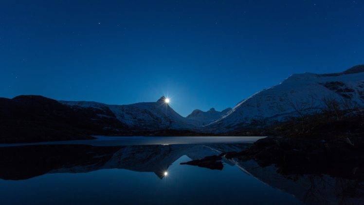 nature, Landscape, Clear sky, Night, Snow, Winter, Hills, Lake, Moon, Moonlight, Stairs, Ice, Reflection, Mountains HD Wallpaper Desktop Background