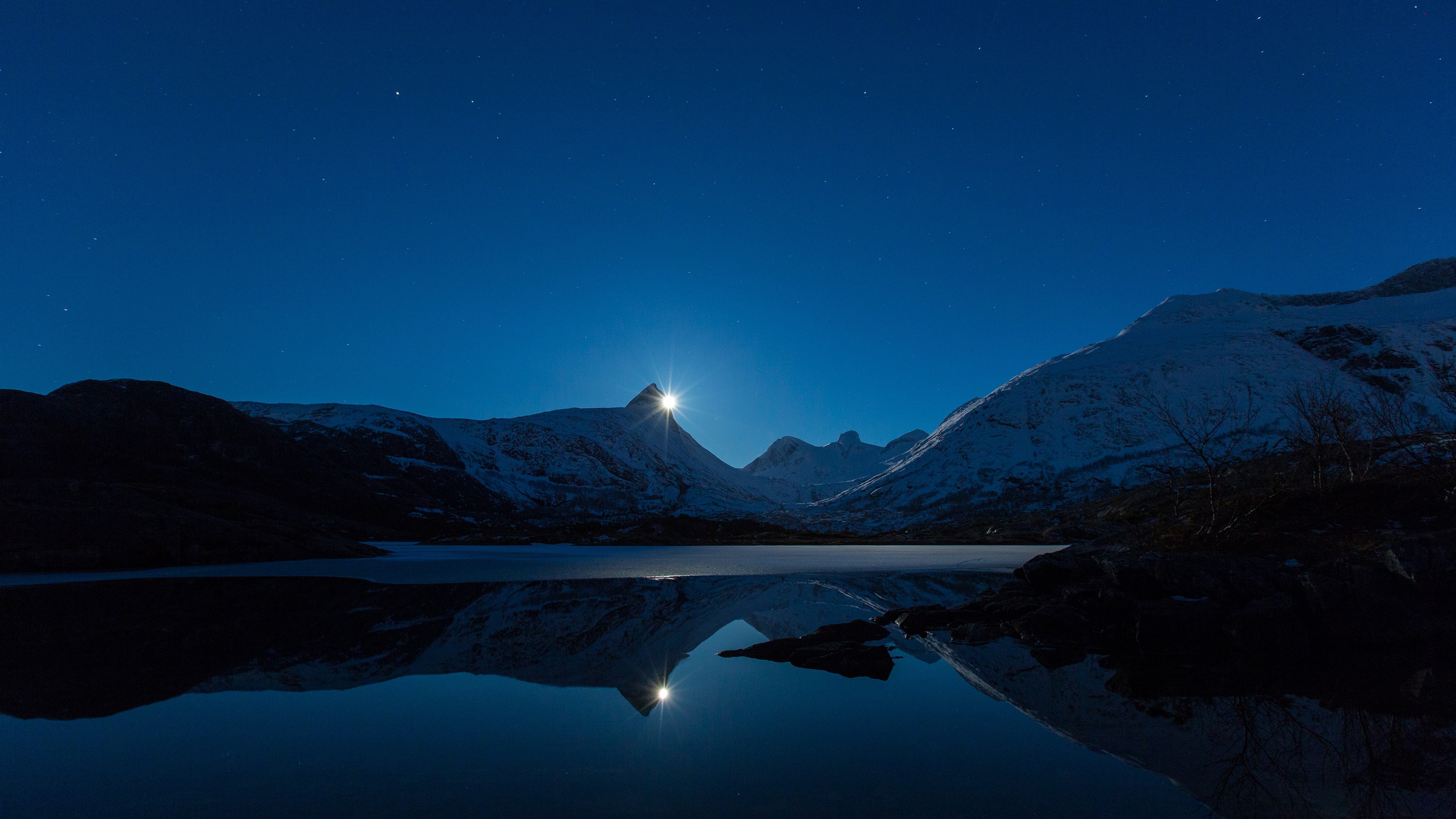 nature, Landscape, Clear sky, Night, Snow, Winter, Hills, Lake, Moon, Moonlight, Stairs, Ice, Reflection, Mountains Wallpaper