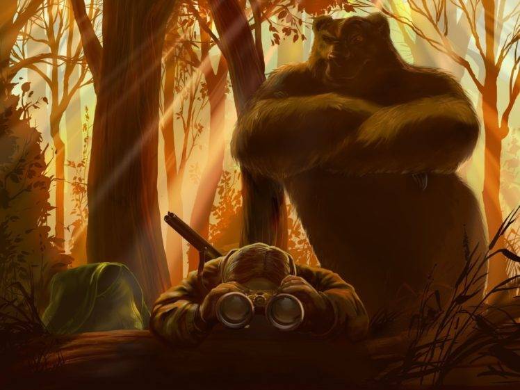 men, Hunter, Nature, Landscape, Digital art, Grizzly bear, Humor, Trees, Forest, Sun rays, Binoculars, Animals, Bears HD Wallpaper Desktop Background