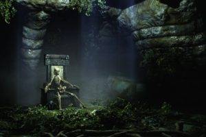 sitting, Nature, Landscape, Digital art, Render, Skull, Bones, Skeleton, Throne, Cave, Rock, Plants, Branch, Sunlight, CGI, The Elder Scrolls V: Skyrim, ENB, Video games