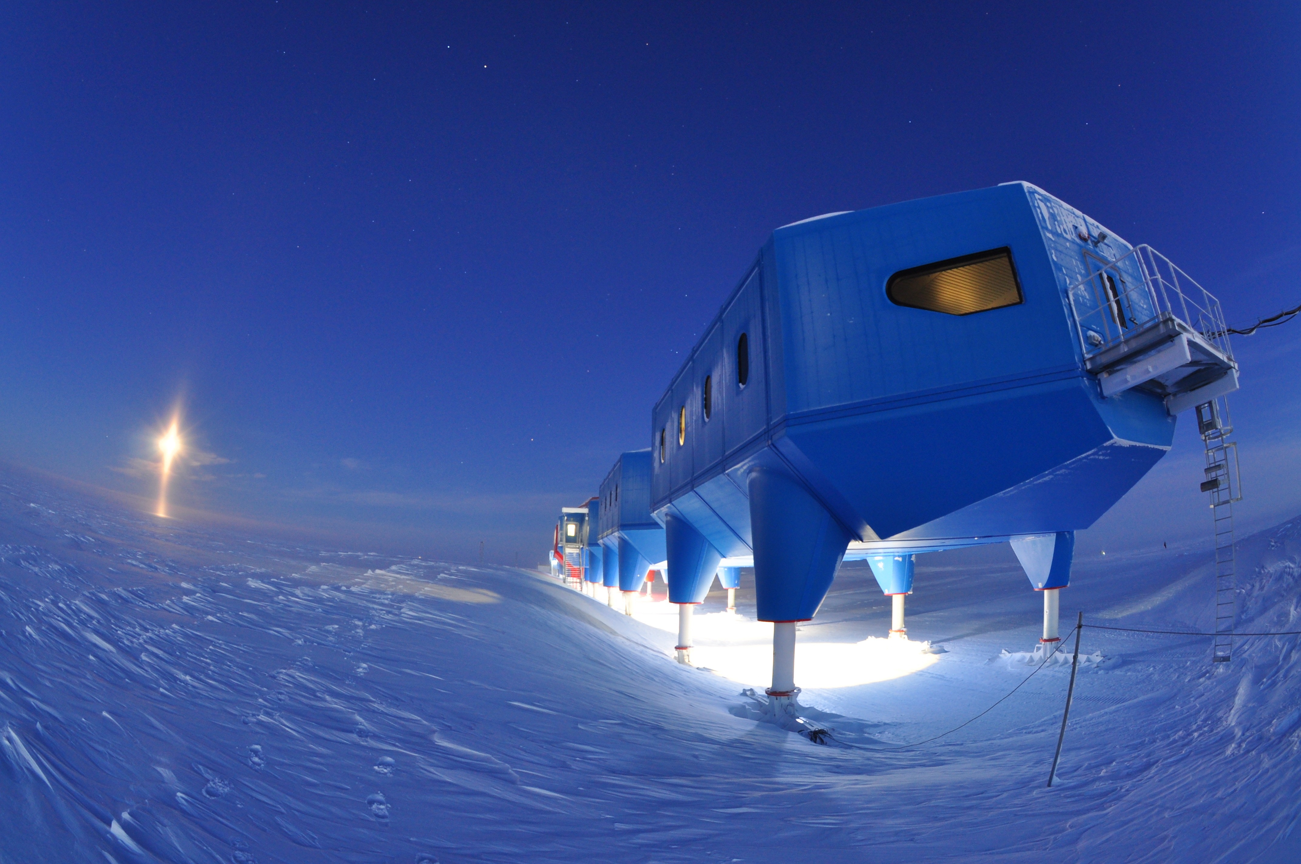 nature, Landscape, Concordia Research Station, Antarctica, Snow, Ice, Evening, Science, Technology, Laboratories, Building, Moon, Moonlight, Clear sky, Fisheye lens, Lights Wallpaper