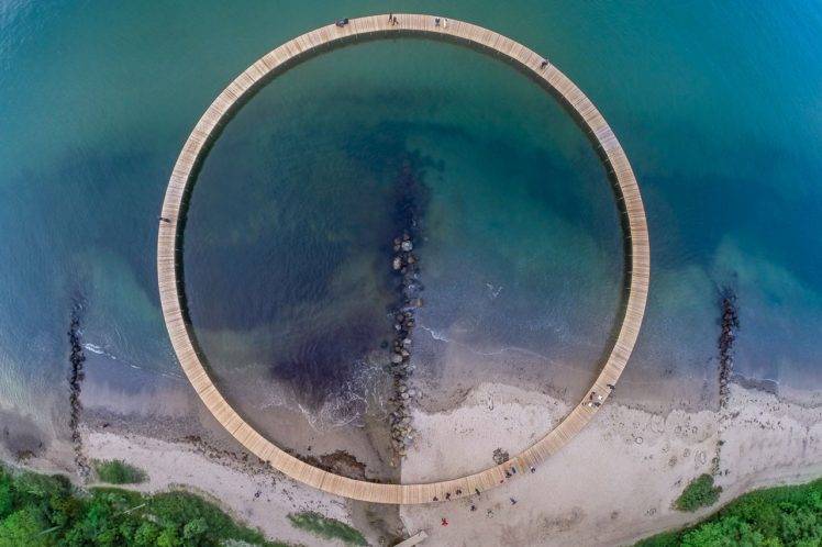 people, Nature, Landscape, Aerial view, Water, Sea, Stones, Coast, Pier, Circle, Trees, Forest, Beach, Denmark HD Wallpaper Desktop Background
