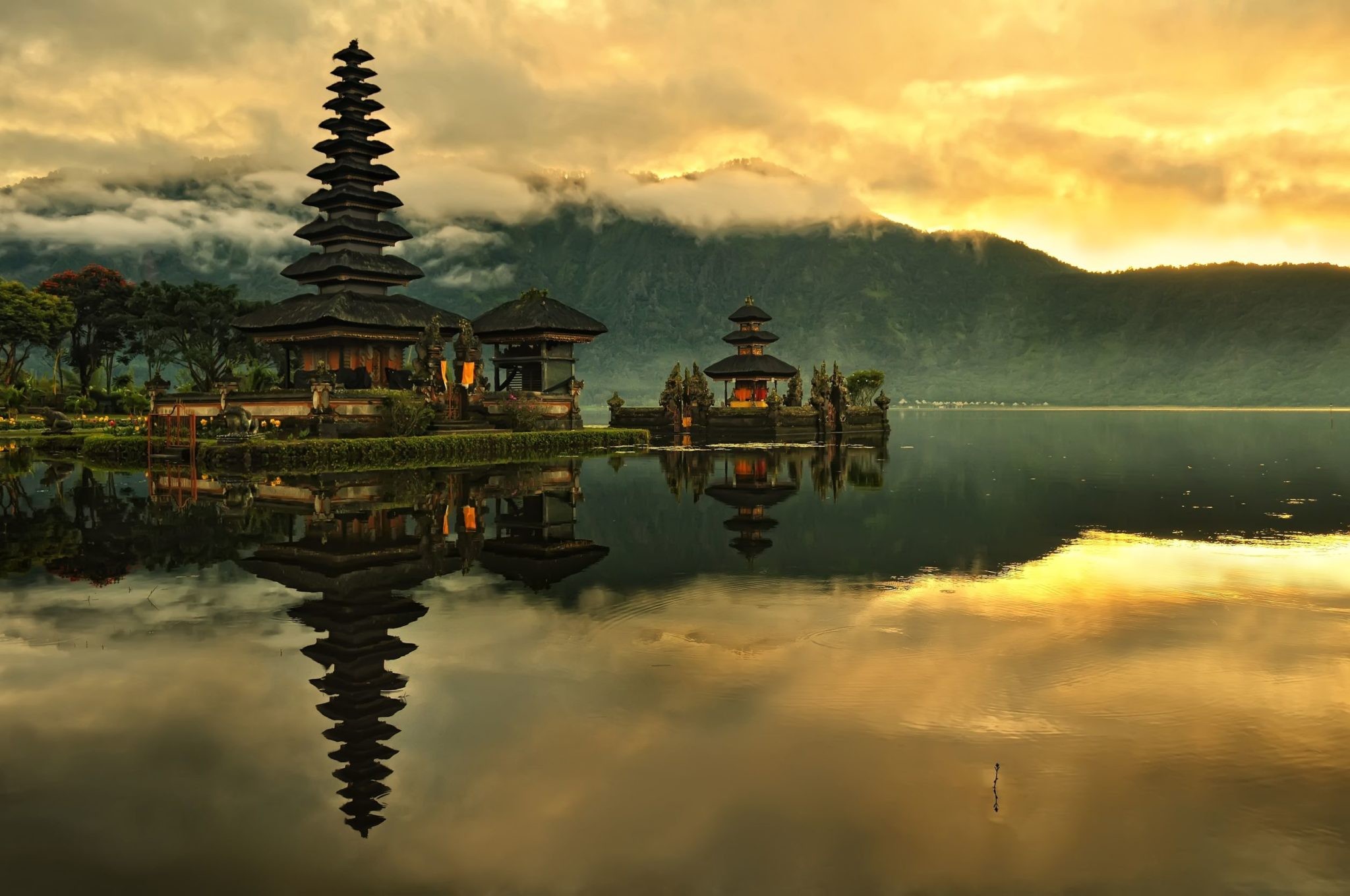 nature, Landscape, Water, Indonesia, Bali, Island, Lake, Temple, Asian architecture, Clouds, Sunrise, Mist, Trees, Mountains, Hills, Forest, Reflection, Morning Wallpaper