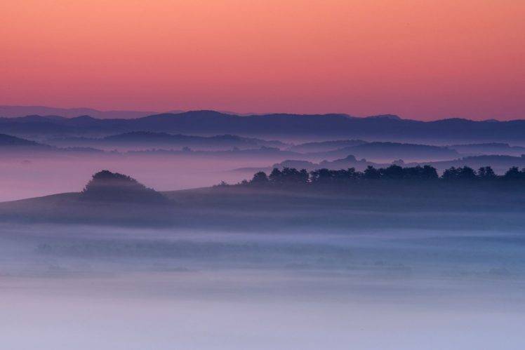 nature, Photography, Landscape, Morning, Mist, Valley, Hills, Pink, Sky, Slovakia HD Wallpaper Desktop Background