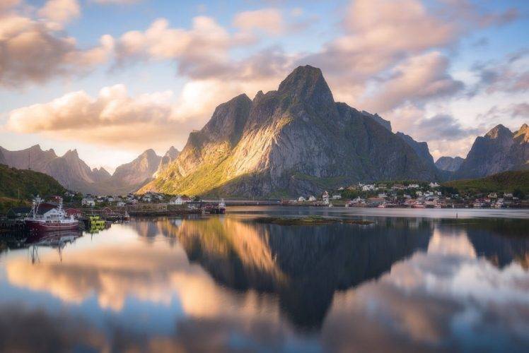 nature, Photography, Landscape, Sunset, Mountains, Summer, Town, Fjord, Sunlight, Lofoten Islands, Norway HD Wallpaper Desktop Background
