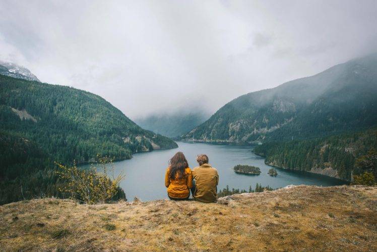 couple, Photography, Nature, Landscape, Mountains, Lake, Grass, Forest, Overcast, Washington state HD Wallpaper Desktop Background