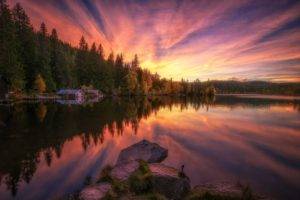 photography, Nature, Landscape, Lake, Sunset, Boathouses, Forest, Sky, Calm waters, Reflection, Fall, Hills, Norway