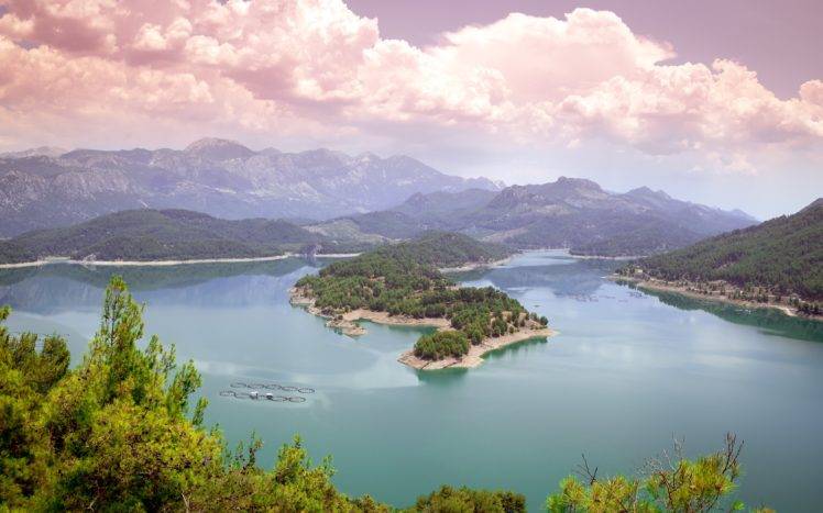 photography, Nature, Landscape, Lake, Mountains, Clouds, Peninsula, Road, Forest, Summer, Turkey HD Wallpaper Desktop Background