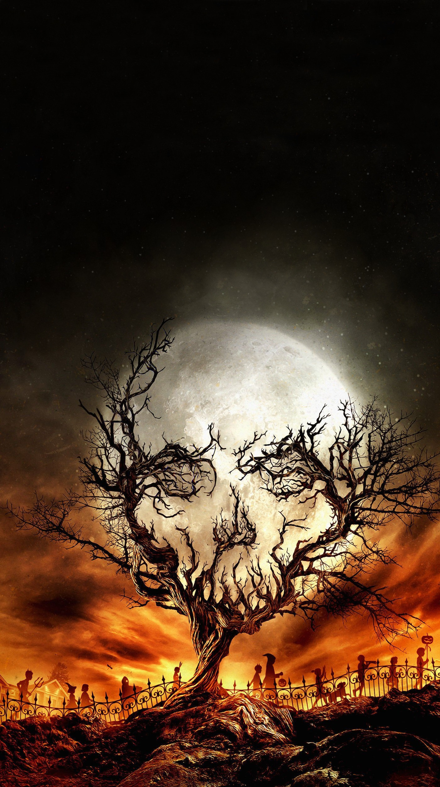 digital art, Portrait display, Nature, Trees, Skull, Moon, Stars, Spooky, Halloween, Silhouette, Imagination, Roots, Sky, Night, Branch, Optical illusion, Fence Wallpaper