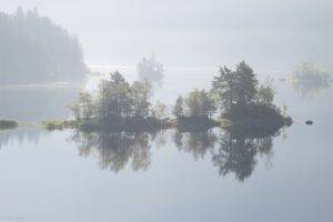 nature, Photography, Landscape, Lake, Trees, Mist, Calm waters, Reflection, Island, Daylight