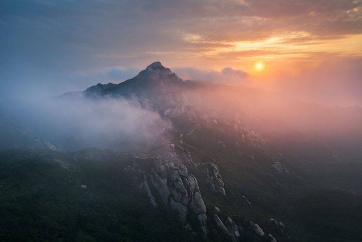 nature, Photography, Landscape, Sunset, Mountains, Mist, Sky HD Wallpaper Desktop Background
