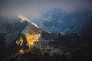 nature, Photography, Landscape, Snowy peak, Mist, Mountains, Sunrise, Sunlight, Tatra Mountains, Poland
