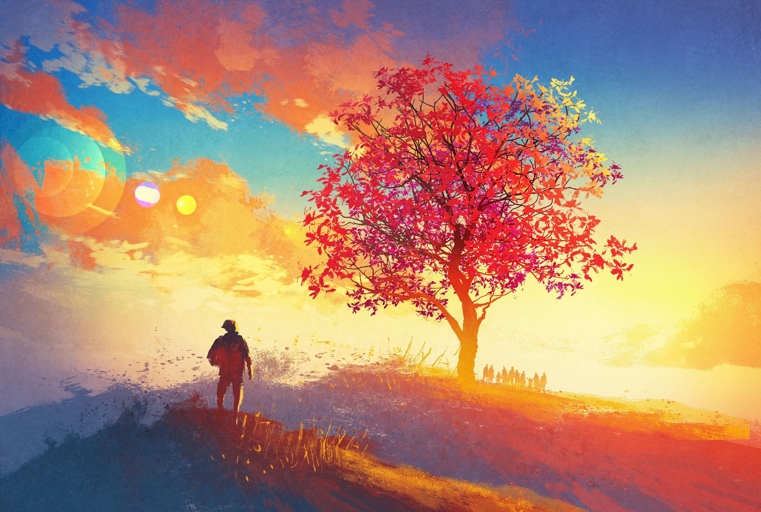 group of people, Trees, Artwork, Sunset Wallpaper
