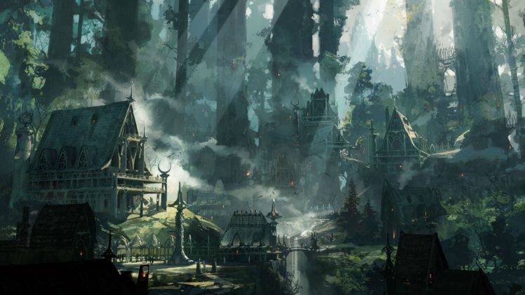 fantasy art, Forest, Cabin, Villages, Trees, Mist HD Wallpaper Desktop Background