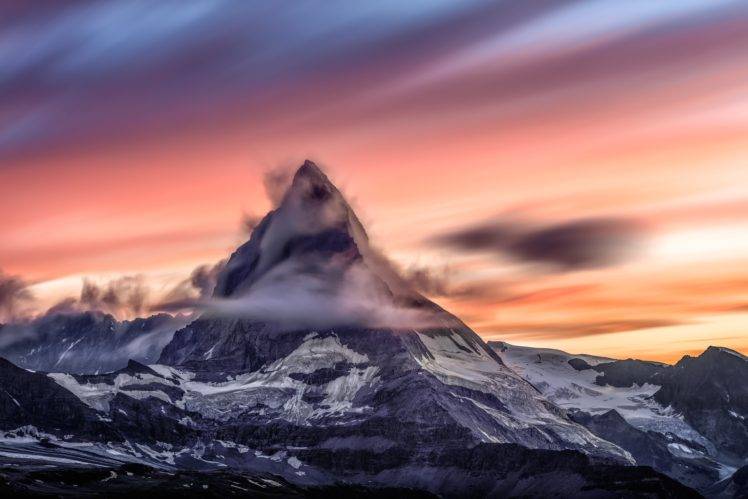 nature, Snow, Mountains, Long exposure, Sunset, Clouds, Matterhorn, Switzerland, Swiss Alps HD Wallpaper Desktop Background