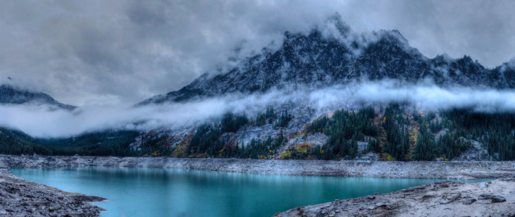 ultra wide, Photography, Nature, Landscape, Mountains, Sea, Lake, Clouds HD Wallpaper Desktop Background