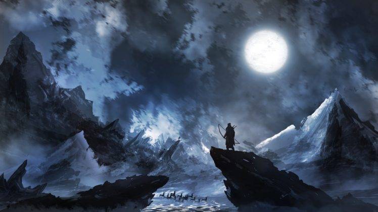 hero, Loneliness, Fantasy art, Moon, Clouds, Night, Digital art HD Wallpaper Desktop Background