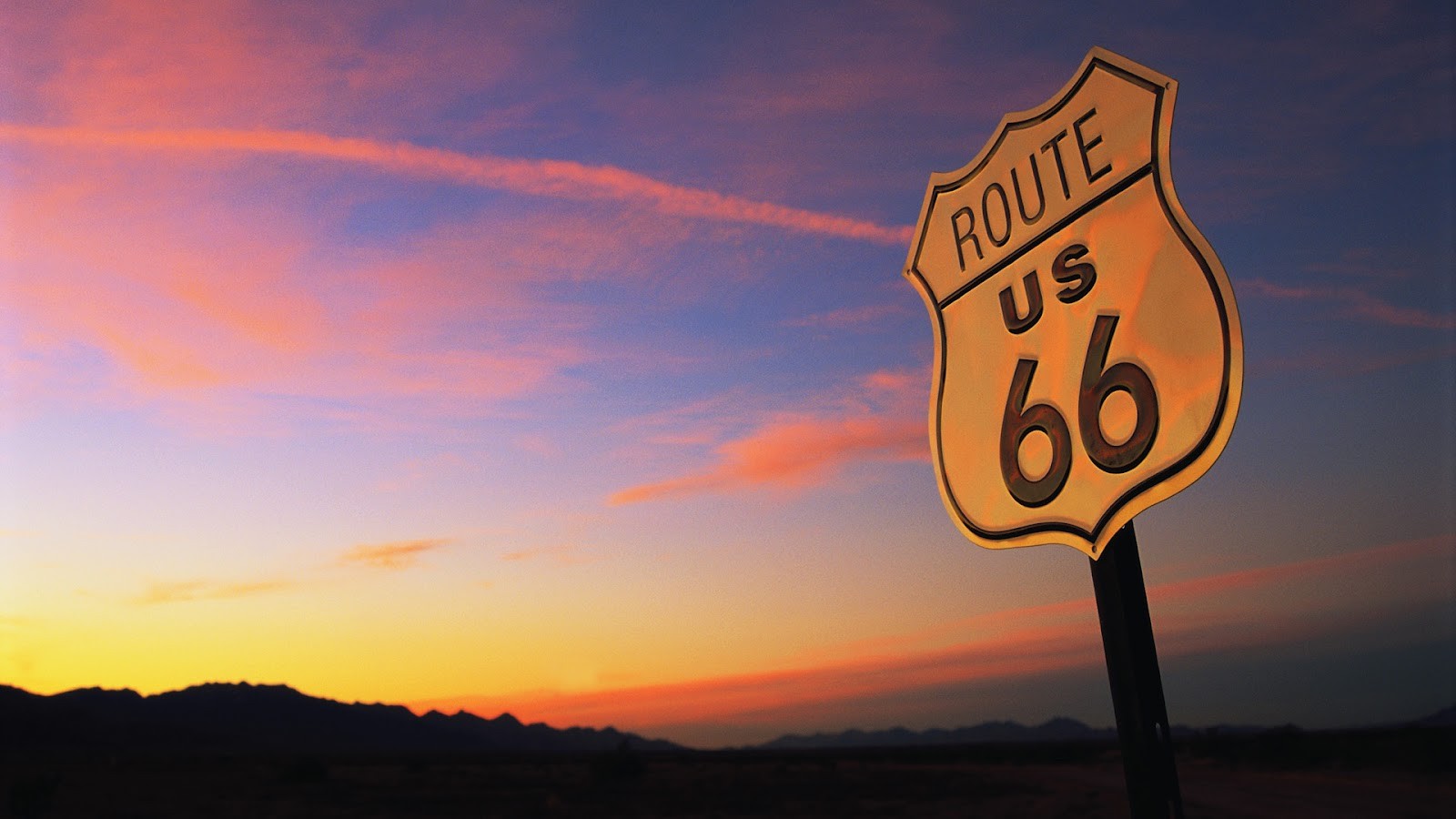 road, Route 66, USA, Highway, Road sign, Nature, Landscape, Sunset, Mountians, Clouds, Contrails Wallpaper