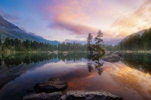 photography, Nature, Landscape, Lake, Calm waters, Reflection, Forest, Sunset, Mountains
