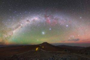 photography, Nature, Landscape, Long exposure, Panorama, Milky Way, Starry night, Atacama Desert, Hills, Lights, Observatory, Chile