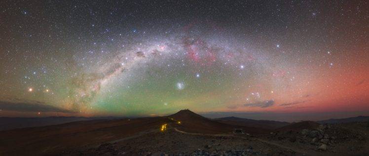 photography, Nature, Landscape, Long exposure, Panorama, Milky Way, Starry night, Atacama Desert, Hills, Lights, Observatory, Chile HD Wallpaper Desktop Background