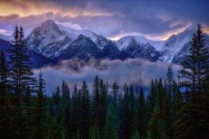 photography, Nature, Landscape, Snowy peak, Mountains, Forest, Mist, Clouds, Sunlight, Pine trees, Sunrise, Banff National Park, Canada