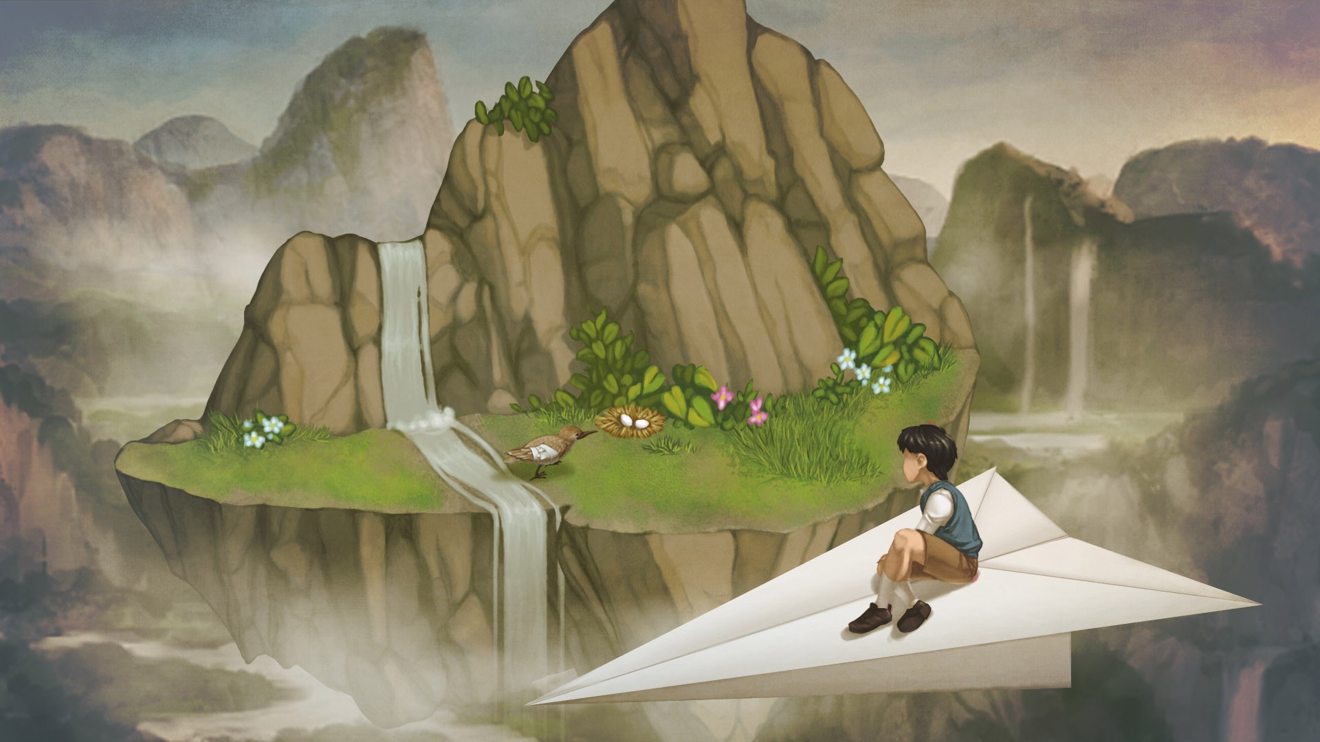 children, A Bird Story, Paper planes, Waterfall, Eggs, Nests, Flowers, Mountains, Video games, Flying Wallpaper