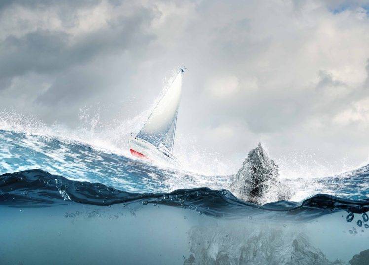 sea, Boat, Underwater, Rocks HD Wallpaper Desktop Background