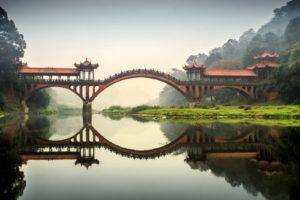bridge, Reflection, Landscape, China, Sichuan