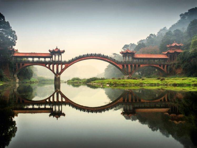 bridge, Reflection, Landscape, China, Sichuan HD Wallpaper Desktop Background